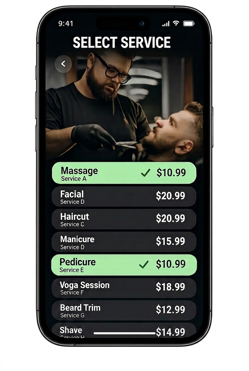 Dark mobile service selection concept with featured imagery and stacked service choices
