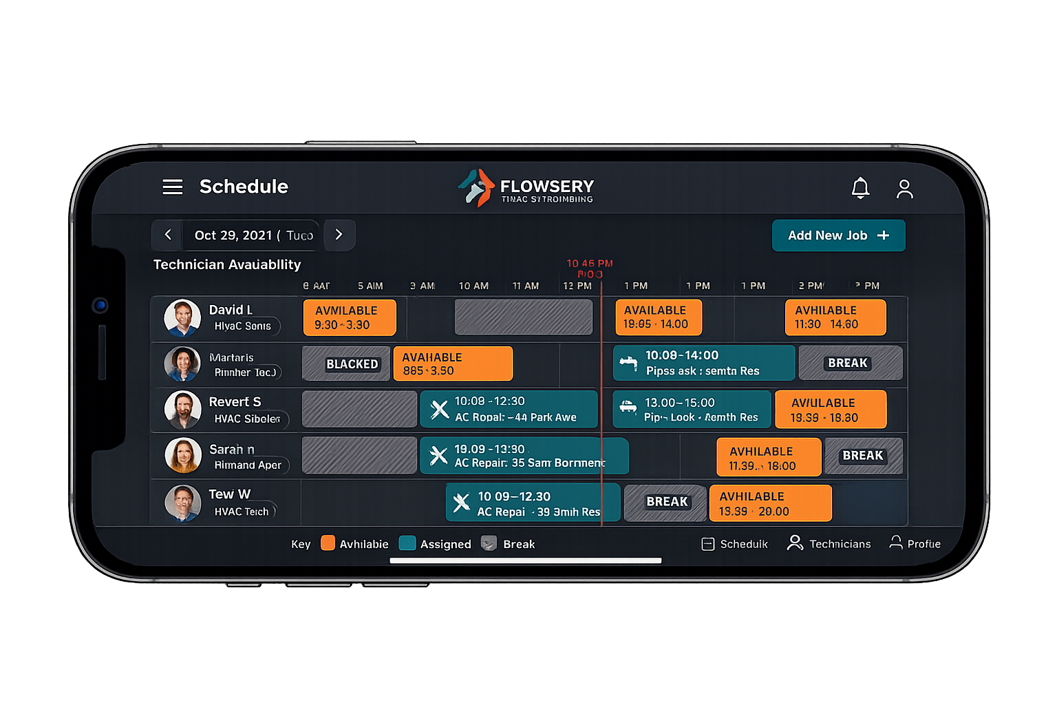 Landscape technician scheduling board concept with time blocks and assignments