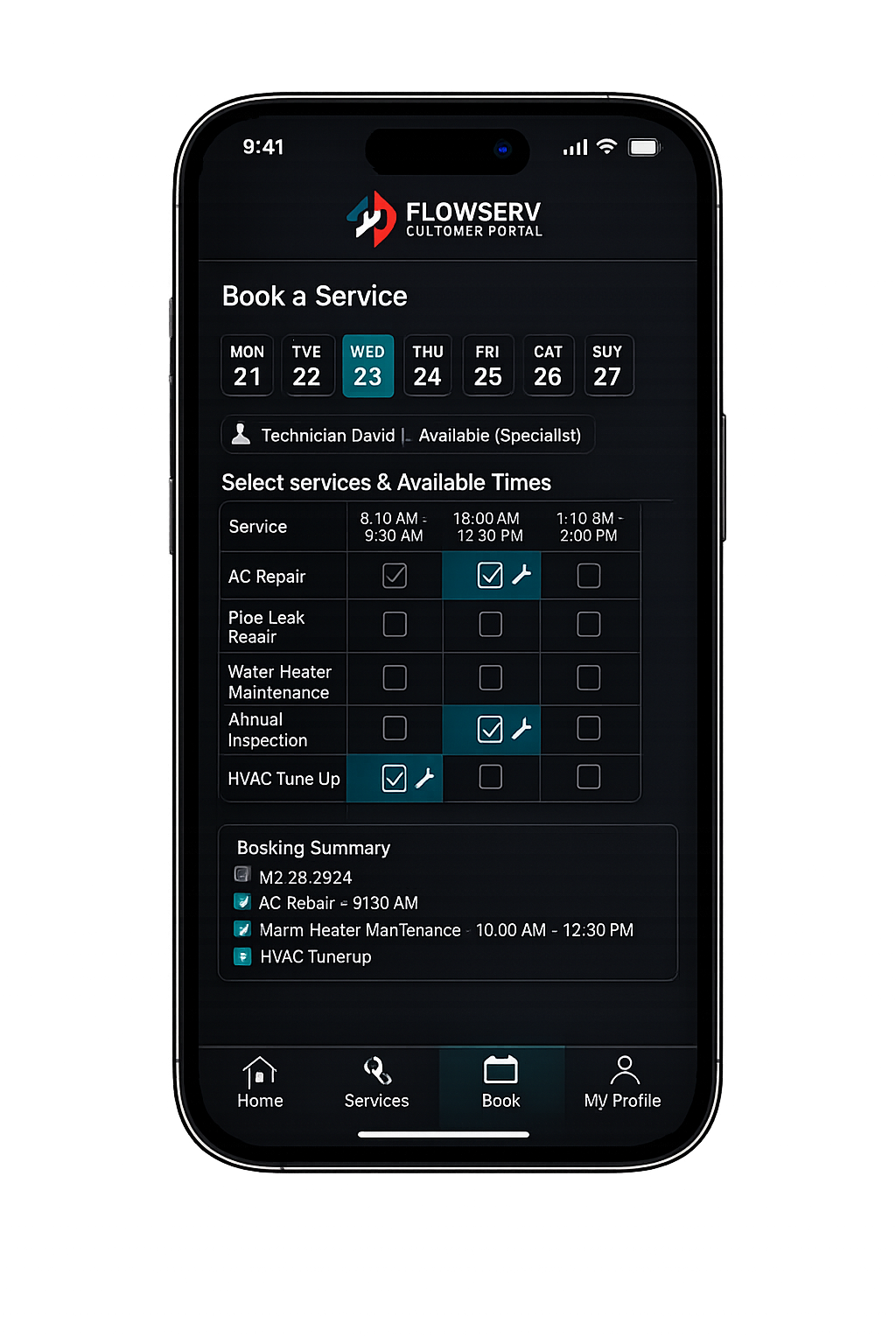 Dark mode booking grid concept with service rows and selectable time slots