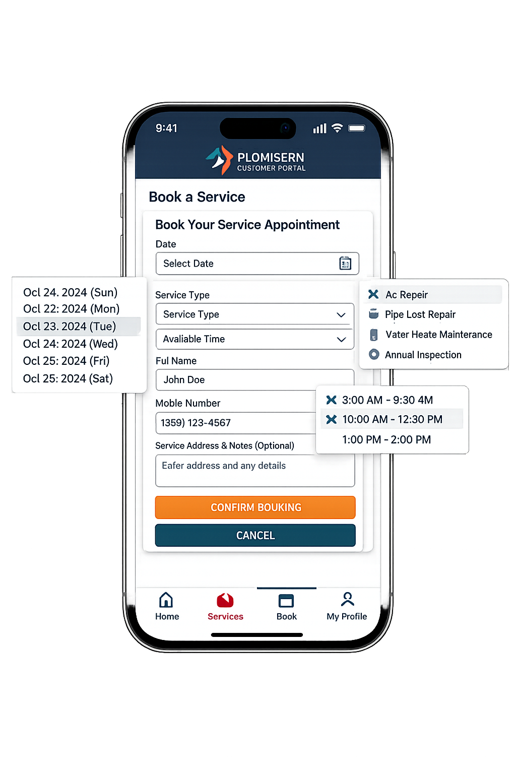 Service appointment form concept with date, service type, and time selection