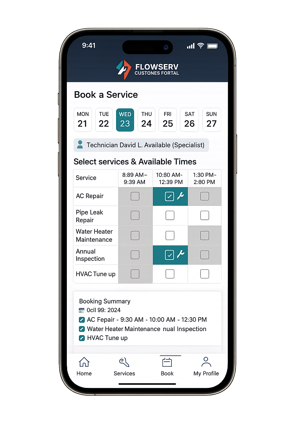 Light mode booking grid concept with selectable service times and summary panel