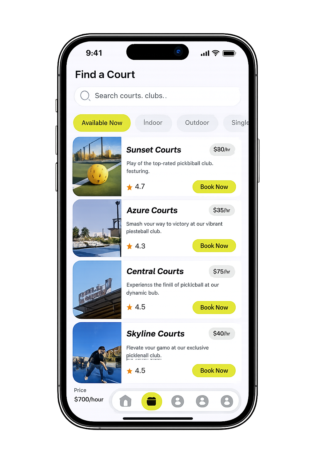 Court booking concept with search, featured venue card, and available listings