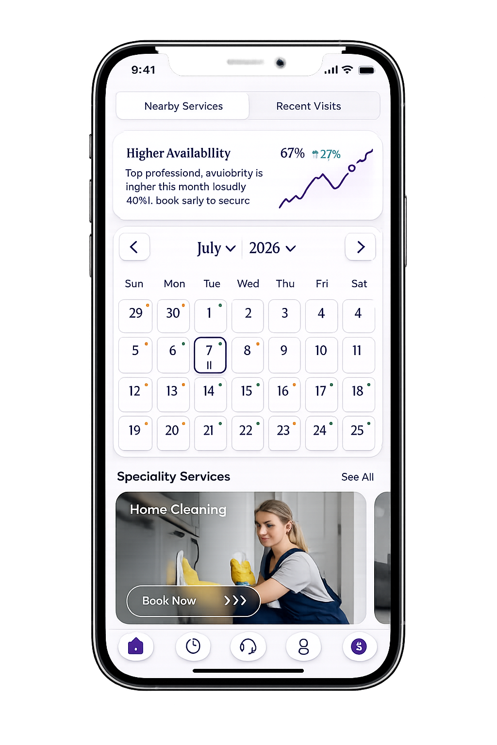 Date availability calendar concept with availability trend and specialty services