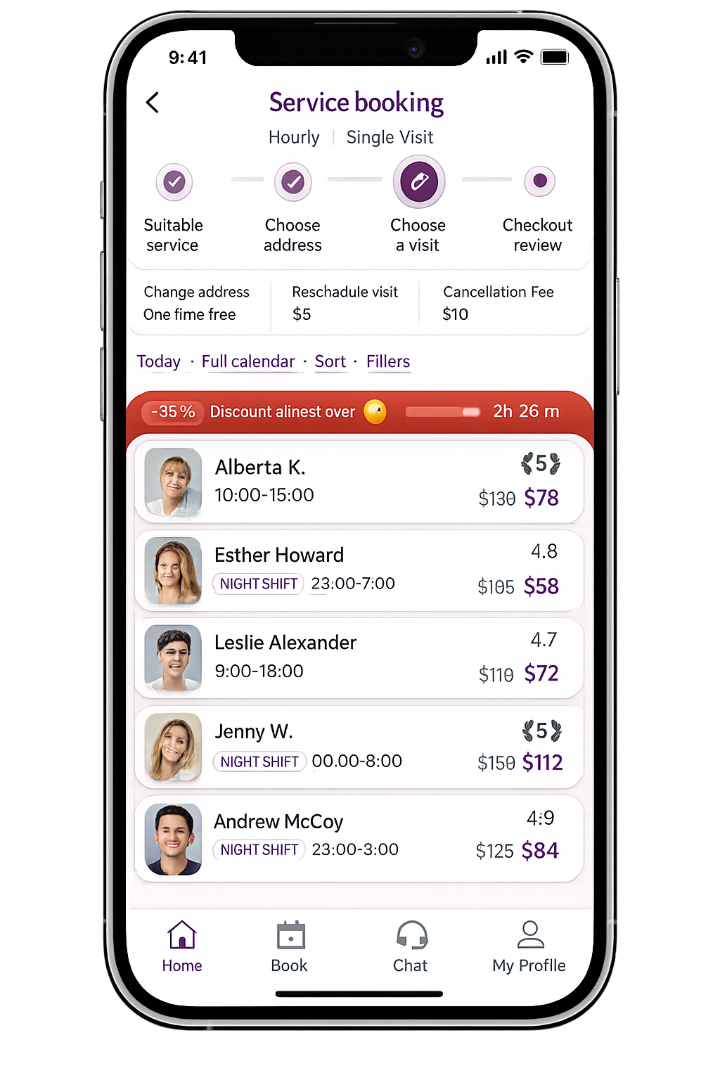 Mobile service booking marketplace concept with ranked providers and pricing