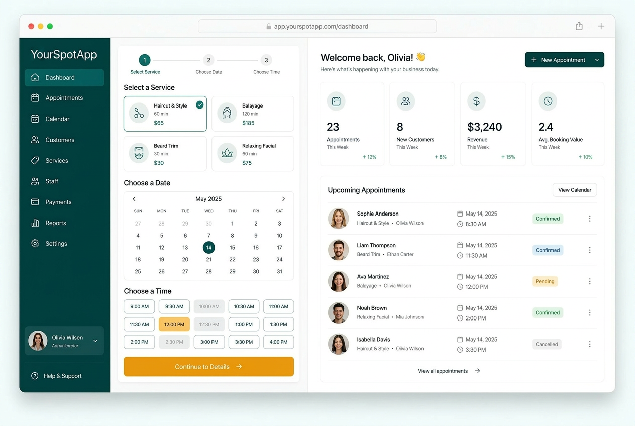 YourSpot booking flow and dashboard shown in a browser window